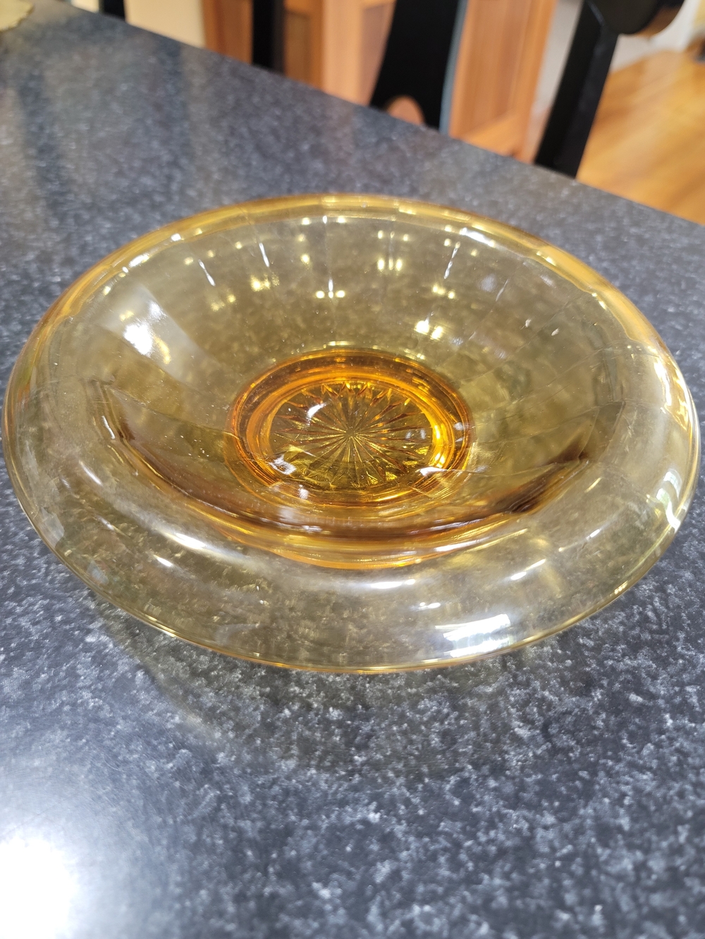 Vintage Amber Pressed Glass Starburst Pattern Pedestal Compote Bowl Round